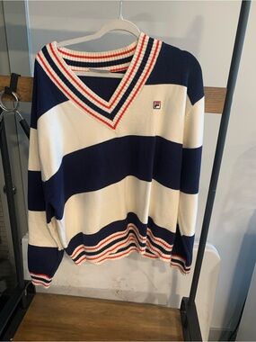 Fila Navy, White & Red Striped V-Neck Sweater